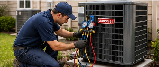 HVAC technician servicing a Goodman air conditioning unit
